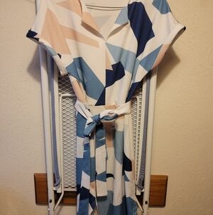 Elings Asymmetrical Geometric Dress in Blue and Cream Large
